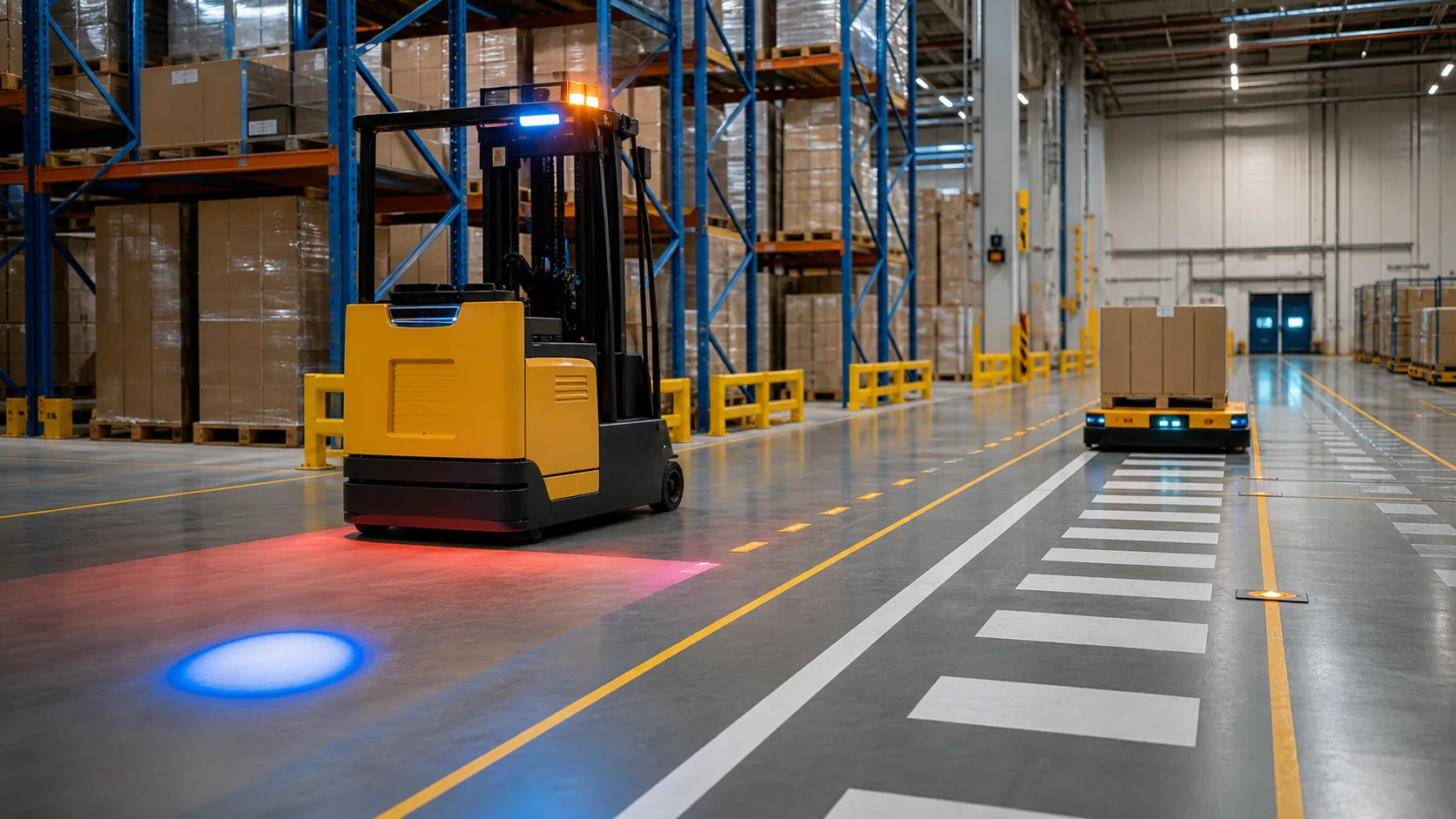 Đèn cảnh báo xe nâng và AGV trong kho hàng hiện đại