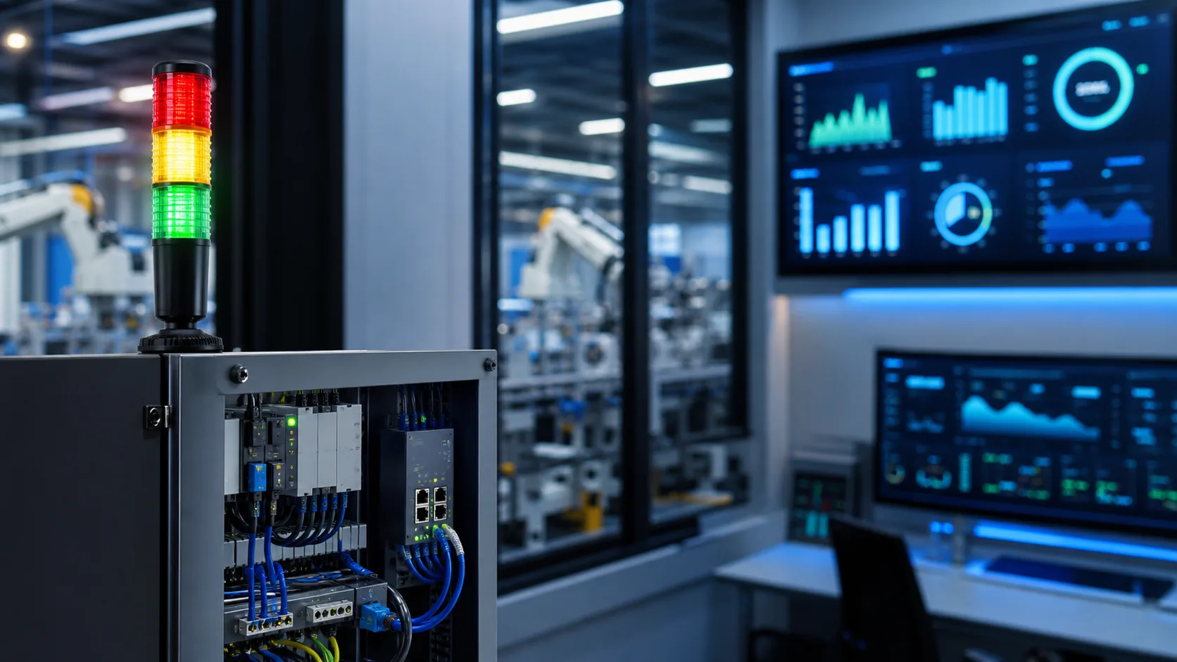 Đèn tháp tín hiệu kết nối PLC và dashboard trong nhà máy thông minh